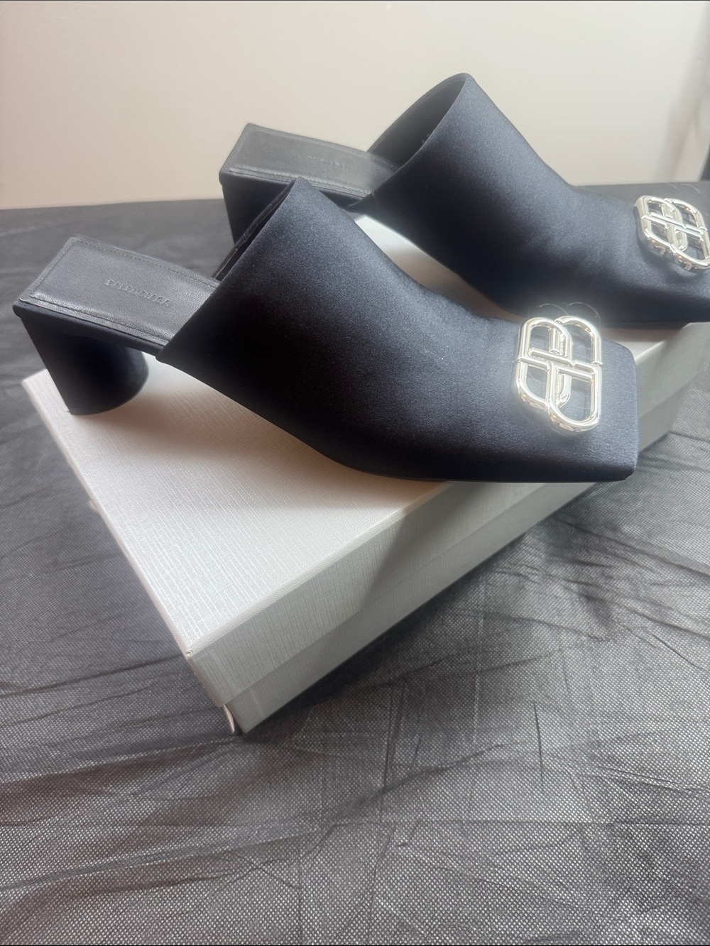 Balenciaga Black Satin Mules with Silver BB Emblem - Picture 2 of 6